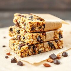 Homemade organic granola bars with nuts, seeds, and dark chocolate chunks, a perfect snack for active days.