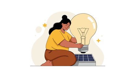Woman installing light bulb on solar panel flat illustration for renewable energy design