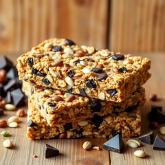 Homemade organic granola bars with nuts, seeds, and dark chocolate chunks, a perfect snack for active days.