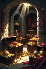 Medieval Treasure Room with Old Chests of Gold and Riches
