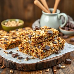 Homemade organic granola bars with nuts, seeds, and dark chocolate chunks, a perfect snack for active days.