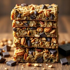 Homemade organic granola bars with nuts, seeds, and dark chocolate chunks, a perfect snack for active days.