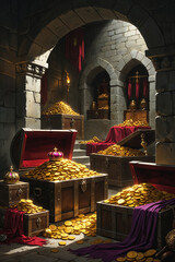 Medieval Treasure Room with Old Chests of Gold and Riches