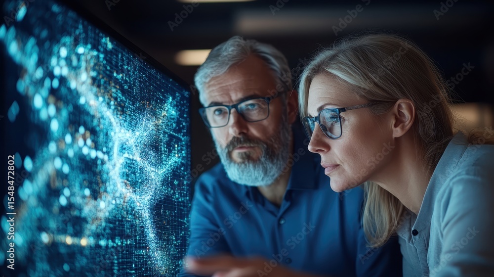 Poster a man and a woman examine intricate data visuals on a large screen, showcasing their concentration a