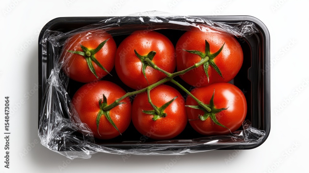 Poster a neat pack of ripe red tomatoes with green stems is displayed, emphasizing freshness and quality th