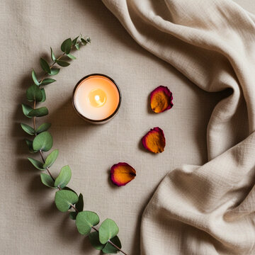 Minimal Boho Flat Lay with Candle, Eucalyptus, Rose Petals and Linen &ndash; Soft Neutral Aesthetic