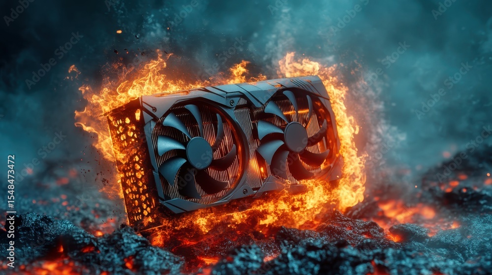 Aufkleber an intense graphics card engulfed in flames, symbolizing power and dynamism in the gaming and tech w