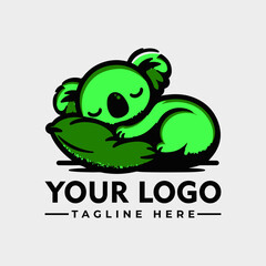 A stylized green koala sleeping peacefully on a large leaf, logo design.
