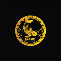 Elegant Luxury Sushi Lounge Logo with Golden Koi Fish, Premium Japanese Restaurant Branding Design, Minimal Gold Fish Emblem, Classy Seafood Icon, Vector Illustration Template