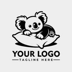 Cartoon koala lying on a pillow, logo template with space for text. Black and white illustration. © nuaari