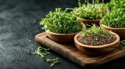 This vibrant display of fresh microgreens in wooden bowls emphasizes healthy eating and promotes the benefits of incorporating superfoods from the garden into our diets.