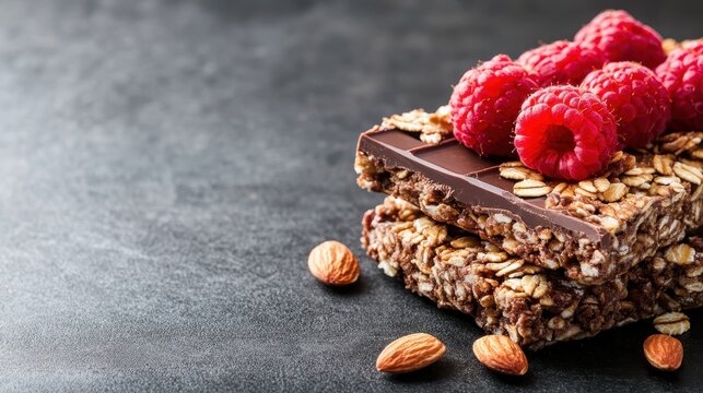 An enticing display of a chocolate granola bar topped with fresh raspberries, perfectly combining health and indulgence in a visually appealing snack arrangement.