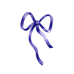 A ribbon bow. A hand-drawn watercolor illustration. Highlight it. A simple blue bow. An element for the design of greeting and invitation cards. For decor and textiles, flyers and posters and packages