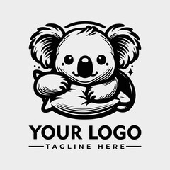 Cute koala logo design, holding a pillow, with a simple, stylized graphic style.