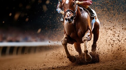Obraz premium An exhilarating capture of a horse galloping at full speed, kicking up dust in a dramatic racing event that conveys raw power, competition, and the thrill of sports.