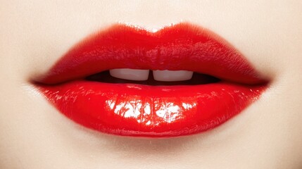 Obraz premium Close-up of perfectly styled lips adorned with shiny red lipstick, showcasing smooth skin and an inviting expression, Perfect for beauty, cosmetics, fashion advertisements, and editorial content,