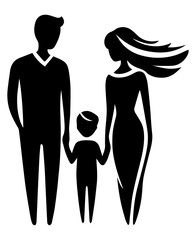The black and white logo of a family consisting of a mom, dad and child on a white isolated background. Vector graphics. EPS.