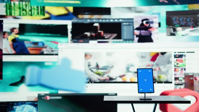 Isolated screen tablet in front of video distribution service interface enabling playback anywhere. Mockup device and vibrant videowall of clips highlighting popular internet trends
