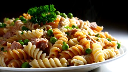 A plate of rotini pasta with peas and ham and parsley garnish closeup