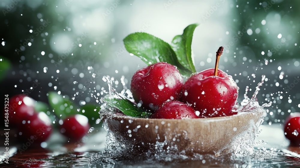 Poster a stunning display of fresh red cherries splashing in a wooden bowl, creating a dynamic and lively a