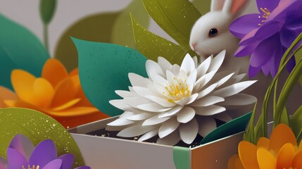 White Rabbit Among Pastel Paper Flowers in Gift Box