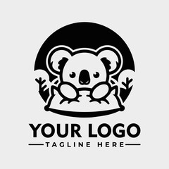 A stylized black and white logo featuring a cute koala bear surrounded by foliage.