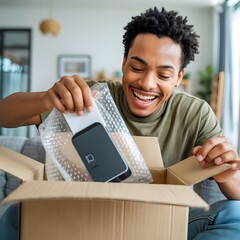 Happy Man Unboxing New Smartphone Cardboard Box Bubble Wrap