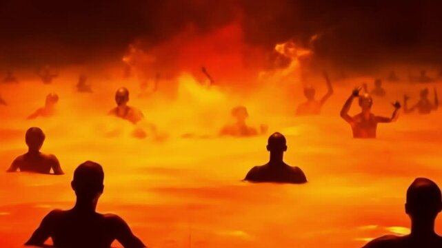A figure falls from a dark, smoky sky into a fiery sea of lost souls, a surreal depiction of hell and damnation