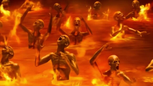 Souls scream in agony as they are tormented in a fiery river of hell, a vision of eternal damnation and suffering