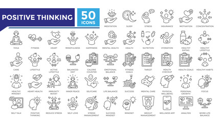 Positive thinking lineal icon set collection. This set includes mental health, meditation, inner peace, yoga, healthy lifestyle and more icons in lineal style. Vector icons collection for infographics