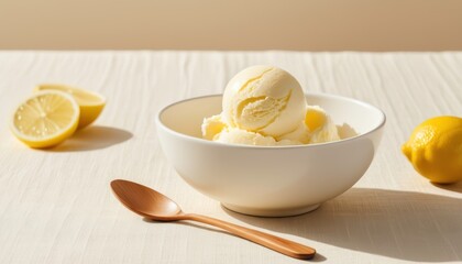 Minimalist summer scene with lemon ice cream in a ceramic bowl, surrounded by fresh lemons wooden spoon on a beige table. Soft sunlight and pastel tones create an elegant composition. with copy space.