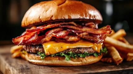 A mouth-watering bacon cheeseburger piled high with crispy bacon, cheddar cheese, fresh lettuce, and served alongside golden, crunchy French fries for a delightful meal.