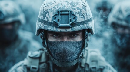 A close-up portrait of a soldier in full military combat gear, displaying an intense expression that conveys determination and the seriousness of military duty.
