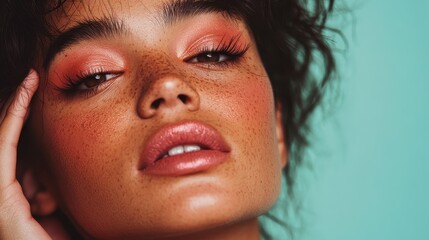 An artistic beauty shot of a woman with loving features, freckles, and vibrant makeup, capturing her unique essence and inviting the viewer into a world of creativity and charm.
