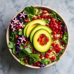 A organic salad with kale, avocado, quinoa, and pomegranate seeds, a colorful nutrient-packed bowl.