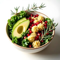 A organic salad with kale, avocado, quinoa, and pomegranate seeds, a colorful nutrient-packed bowl.
