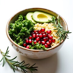 A organic salad with kale, avocado, quinoa, and pomegranate seeds, a colorful nutrient-packed bowl.