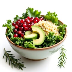 A organic salad with kale, avocado, quinoa, and pomegranate seeds, a colorful nutrient-packed bowl.