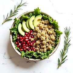 A organic salad with kale, avocado, quinoa, and pomegranate seeds, a colorful nutrient-packed bowl.