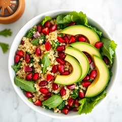 A organic salad with kale, avocado, quinoa, and pomegranate seeds, a colorful nutrient-packed bowl.