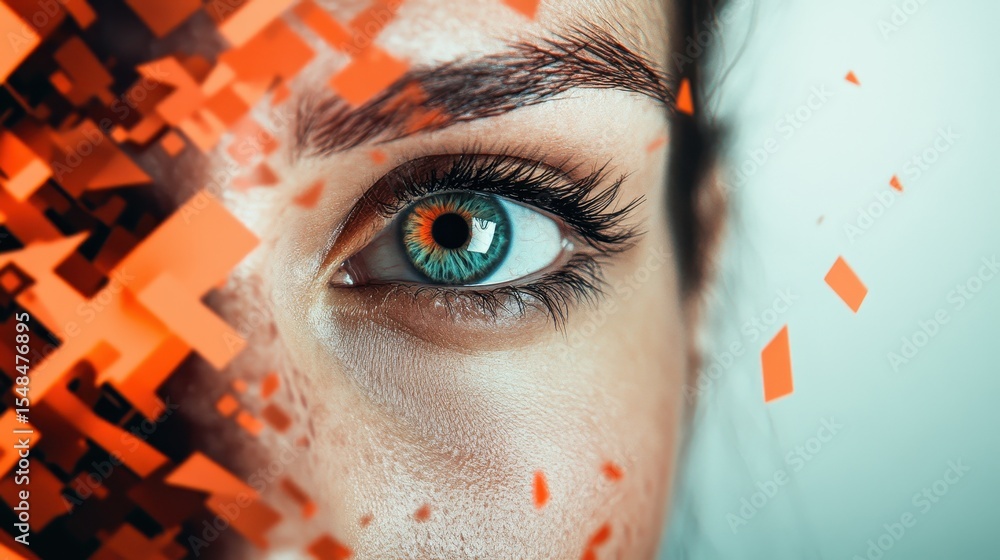 Poster this image features a close-up of a captivating eye with vibrant colors and abstract elements, repre