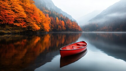 A tranquil autumn landscape features a striking red canoe floating peacefully on a calm lake, surrounded by colorful fall foliage, embodying nature's beauty and serenity.