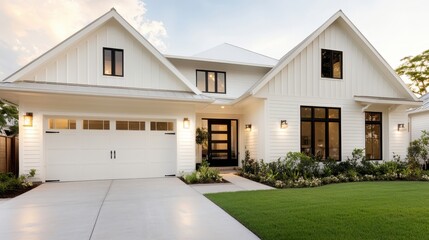 This contemporary home features a crisp white exterior, stylish architecture, and a beautifully manicured lawn that evokes a sense of serenity and comfort.