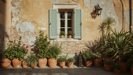 Fototapeta premium Exterior view of a building with a window and potted plants, capturing a sunny day.