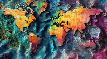 Abstract world map art with vibrant colors and texture