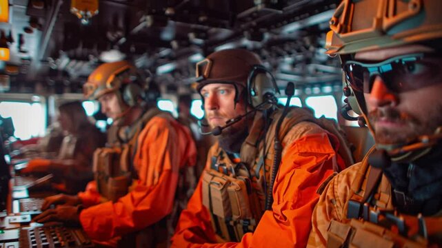 A closeup view of a frigates bridge shows crew members in tactical gear monitoring screens and communication devices listening intently as they coordinate the safe passage of the convoy
