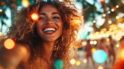 A cheerful woman with curly hair adorned with colorful glitters smiles joyfully at a beach party, embodying the spirit of summer festivities and carefree moments by the sea.