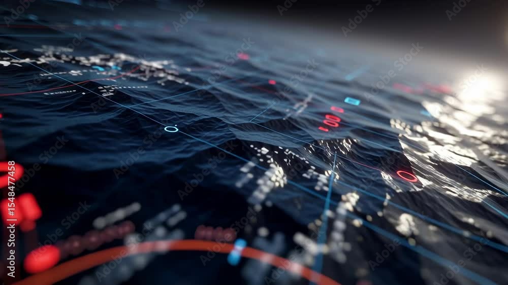 Poster futuristic marine sonar is detecting submerged objects in the deep ocean, using advanced technology 