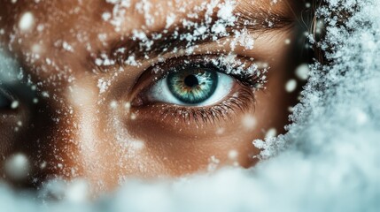 A striking close-up of a blue eye surrounded by snowflakes captures the magic of winter, conveying emotions of serenity, beauty, and the cold allure of the season.