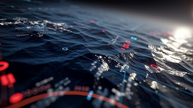 Futuristic marine sonar is detecting submerged objects in the deep ocean, using advanced technology and graphical interface for underwater exploration and navigation